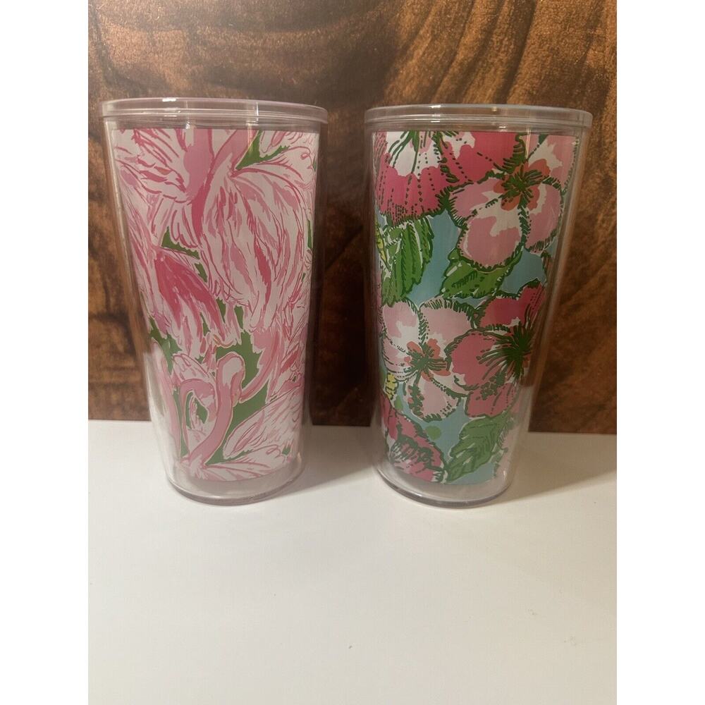 Lily Pulitzer Beach Hibiscus Flamingo Insulated Tumblers Cups - Set of 2